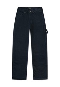 Donkerblauwe wijde jeans gemaakt van katoen met een gladde textuur, voorzien van zijzakken en een praktische zijzak met een lus.