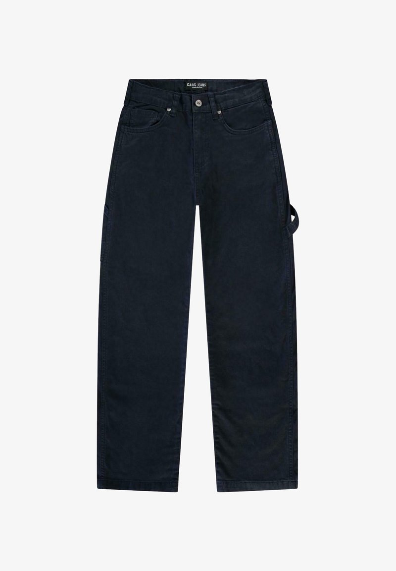 Donkerblauwe wijde jeans gemaakt van katoen met een gladde textuur, voorzien van zijzakken en een praktische zijzak met een lus.