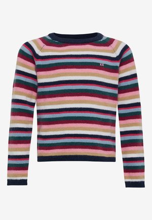 Gestreifter Pullover mit horizontalen Linien in Pink, Grün, Marineblau und Creme. Weiche Textur mit Rundhalsausschnitt und gesticktem Detail auf der Brust.