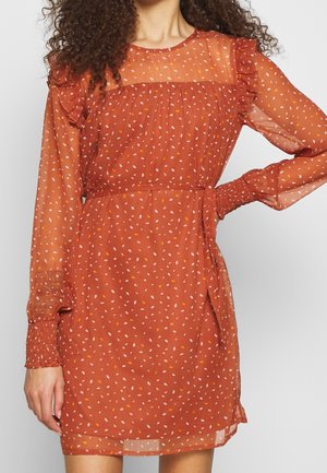 Mujer con vestido largo de manga larga, color óxido transparente, con patrón de puntos naranjas y blancos, detalles de volantes en los hombros y puños fruncidos.