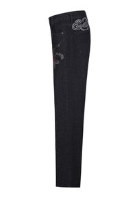 Black denim jeans with a slim fit, featuring embroidered accents and metallic detailing on the back pocket. Standard five-pocket design.