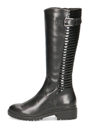 Knee-high black boots made of smooth leather with a glossy patent side panel, featuring ribbed texture and a small metallic buckle accent.