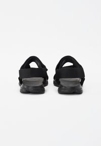 Sorte sandaler med justerbare stropper, teksturerte gummisåler og en glatt bakoverflate. Bakvinkel viser designet og plasseringen av stroppene.