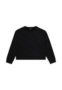 Felpa nera corta con un sottile motivo animalier a stampa leopardata in tonalità scure. Collo rotondo classico e maniche lunghe con polsini a costine.