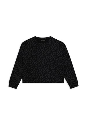 Felpa nera corta con un sottile motivo animalier a stampa leopardata in tonalità scure. Collo rotondo classico e maniche lunghe con polsini a costine.