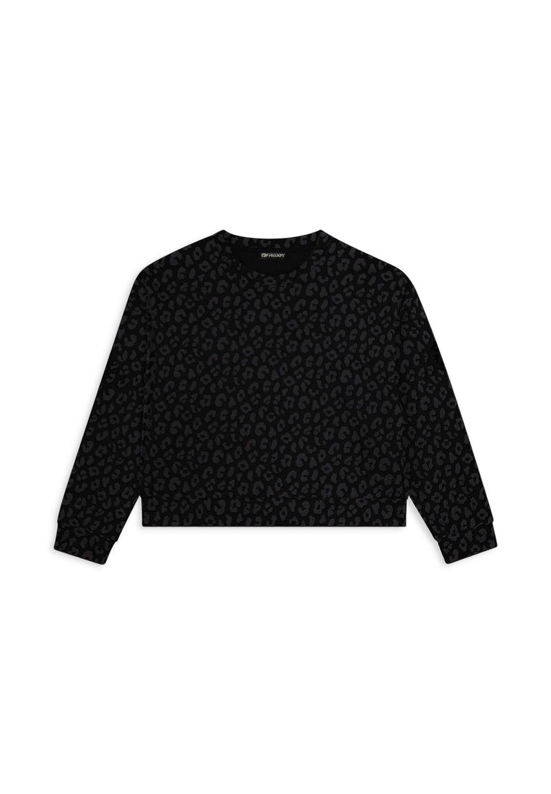 Felpa nera corta con un sottile motivo animalier a stampa leopardata in tonalità scure. Collo rotondo classico e maniche lunghe con polsini a costine.