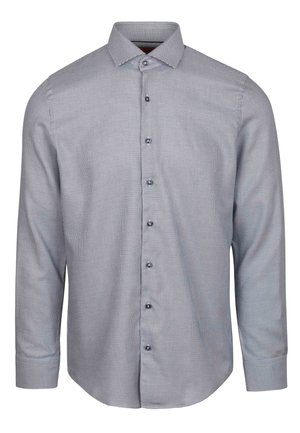 Gestreepte button-up shirt in lichtgrijs met een ruitpatroon, lange mouwen, puntige kraag en blauwe knopen. Gemaakt van een soepele katoenmix.