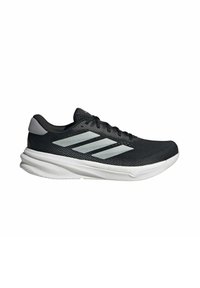 Black athletic shoe with a mesh upper, white midsole, and three reflective silver stripes on the side. Curved sole design.