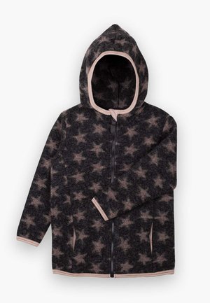 Børns mørkegrå fleecetrøje med lyserøde stjerner, hætte, fuld lynlås foran og lyserød kant ved ærmer og bund.