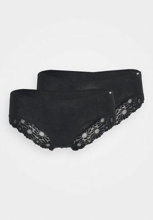 Black underwear featuring a smooth front and intricate black lace detailing on the back with floral patterns and scalloped edges. Two pieces included.