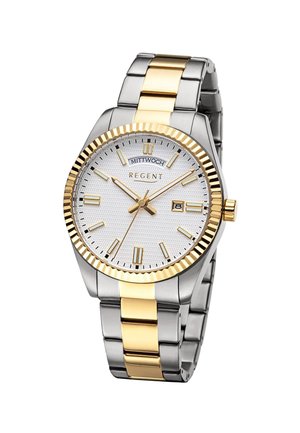 Silver and gold metal wristwatch with white textured dial, gold hour markers, day and date display, and fluted gold bezel.
