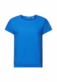 T-shirt bleu vif à manches courtes avec col rond, coutures simples et ourlet droit sur fond blanc.
