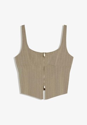 Haut court beige à fines rayures sans manches avec une fermeture éclair argentée à l'avant et un décolleté carré, conçu pour une coupe ajustée.
