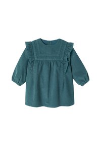 Türkise Bluse mit langen Ärmeln, Rüschendetails, strukturiertem Stoff und einem quadratischen Ausschnitt, der überintrikate Verzierungen und elastische Manschetten verfügt.