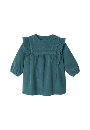 Teal long-sleeve blouse with ruffle accents, textured fabric, and a square neckline featuring intricate detailing and elasticized cuffs.