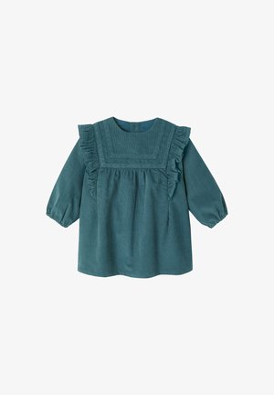 Türkise Bluse mit langen Ärmeln, Rüschendetails, strukturiertem Stoff und einem quadratischen Ausschnitt, der überintrikate Verzierungen und elastische Manschetten verfügt.