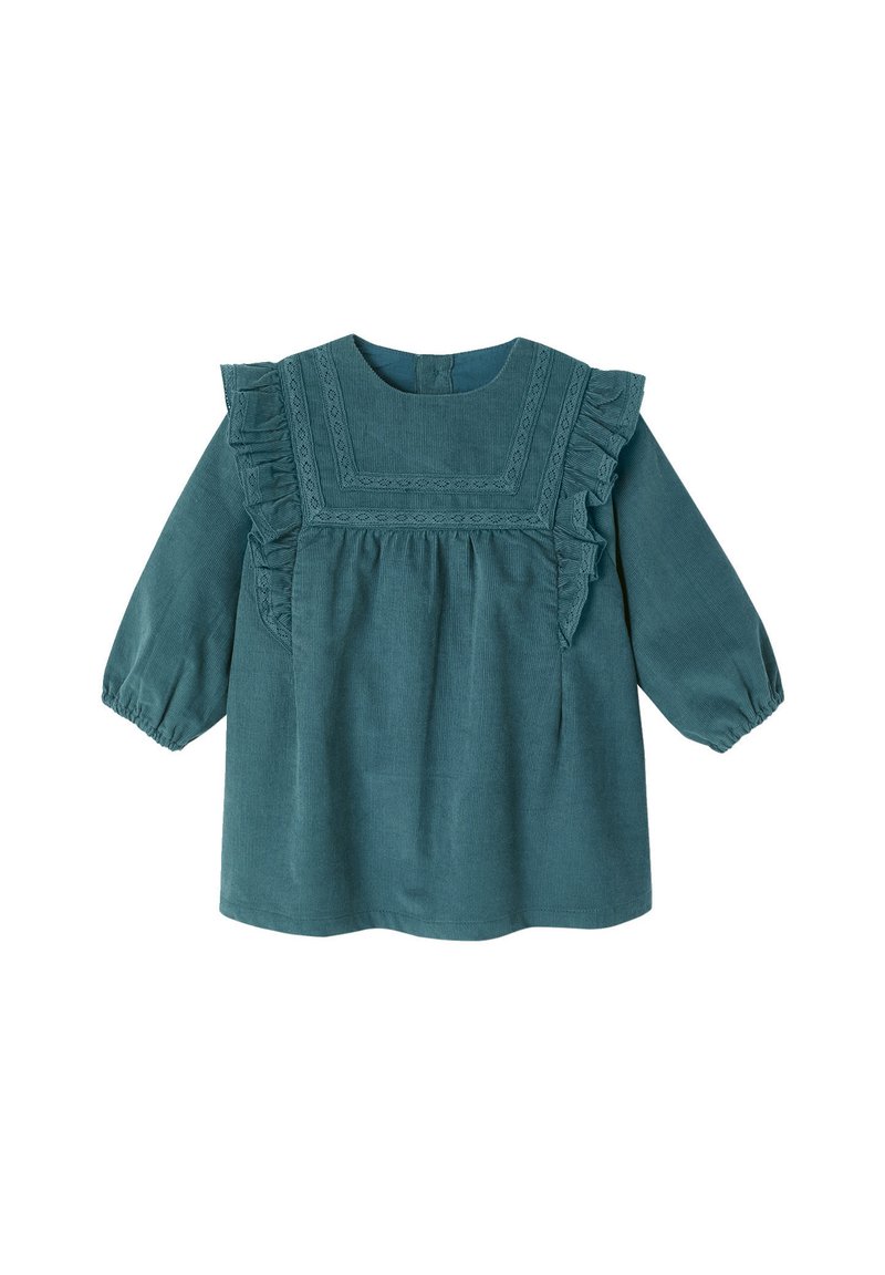Türkise Bluse mit langen Ärmeln, Rüschendetails, strukturiertem Stoff und einem quadratischen Ausschnitt, der überintrikate Verzierungen und elastische Manschetten verfügt.