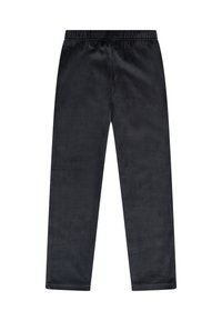 Pantalons noirs en velours doux, avec une taille élastique, coupe droite et sans coutures ni motifs visibles. Convient pour un usage décontracté.