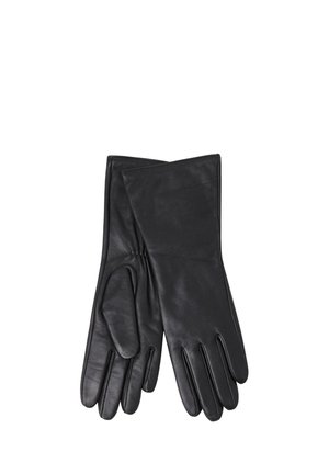 Set zwarte leren handschoenen met een gladde afwerking en minimale stiksels, plat neergelegd met de vingers gestrekt en licht overlappend.