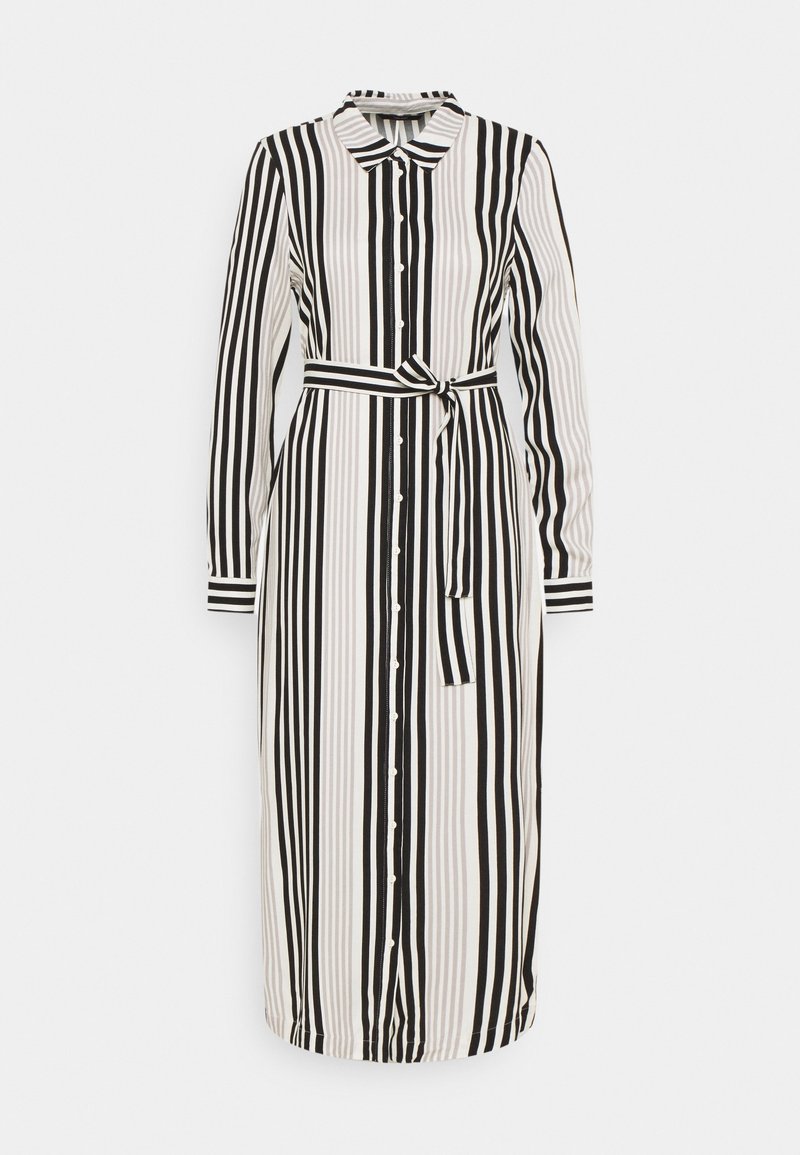 Randig långärmad klänning i svart och vitt, med knäppning framtill, krage och ett knytbälte i midjan. Slät tygoverflöd.