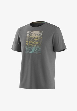Grijs T-shirt met korte mouwen en een natuurgrafiek van een rivier, bomen, bergen en de tekst "Smartwool" aan de voorkant.