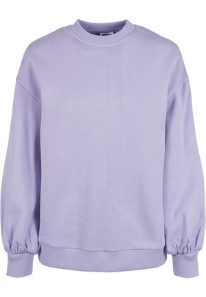 Hellblaues Sweatshirt, Rundhalsausschnitt, gerippte Bündchen und Saum. Weicher Stoff mit lockerer Passform und leicht puffierten Ärmeln.
