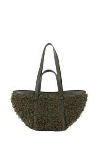 Olive green tote bag with textured curly wool-like material on the sides and smooth leather handles; spacious design and open top.