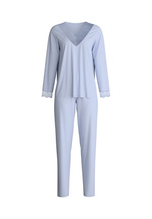 Helles blaues Pyjama-Set bestehend aus einem Oberteil mit V-Ausschnitt und Spitze sowie passenden Hosen. Hergestellt aus weichem Stoff mit einer glatten Textur.