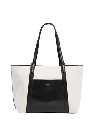 Borsa tote in tela crema con un accento in pelle nera. Presenta due manici lunghi neri e un logo sul davanti. Forma rettangolare con una superficie liscia.