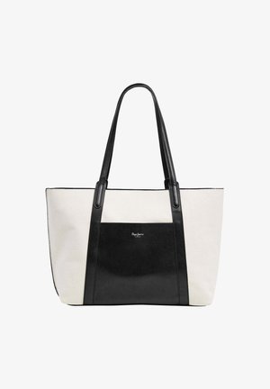 Kreemikangast poekott mustade nahkaaktsentidega. Omab kahte pikka musta sangaga ja logo ees. Kõrvutajaga kuju ja sile tekstuur.