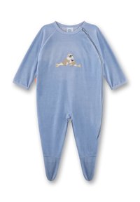 Blauer Fleece-Einteiler mit langen Ärmeln, verziert mit einem gestickten Robbenmotiv auf der Vorderseite und einem seitlichen Reißverschluss für einfaches An- und Ausziehen.