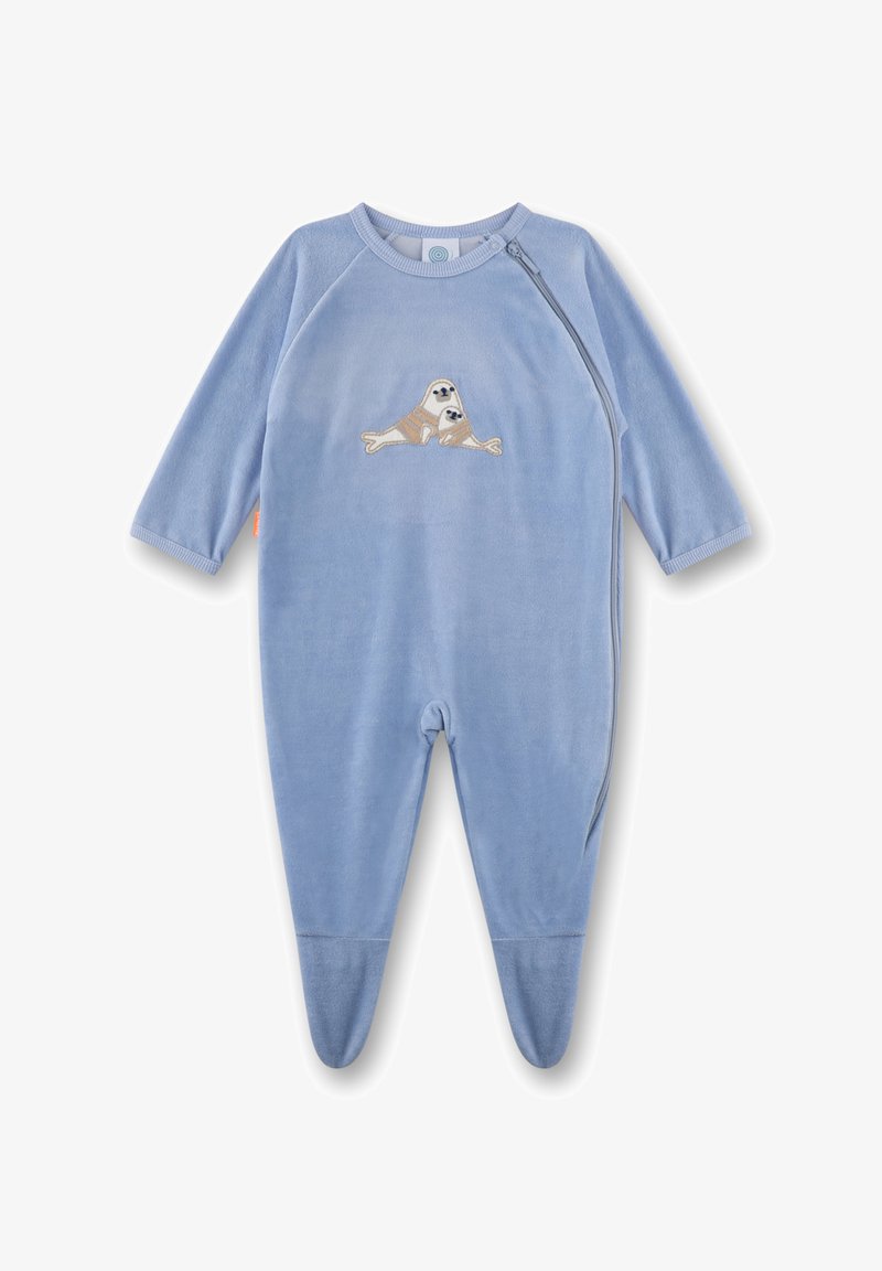 Blauer Fleece-Einteiler mit langen Ärmeln, verziert mit einem gestickten Robbenmotiv auf der Vorderseite und einem seitlichen Reißverschluss für einfaches An- und Ausziehen.