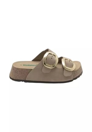 Sandalo beige slip-on con due grandi fibbie dorate e suola in sughero su sfondo bianco.
