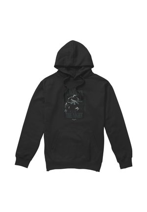 Schwarzer Hoodie mit Fronttasche und Kordelzug in der Kapuze, mit dunklem Grafikdesign und Text in der Mitte der Brust.