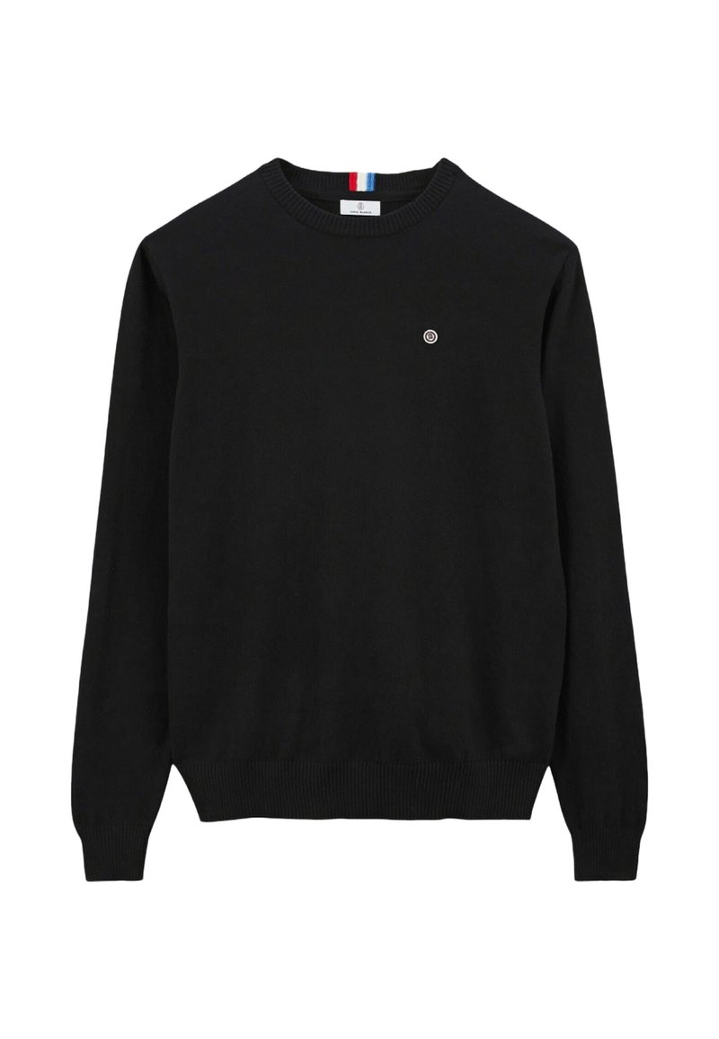 Pull noir en tissu tricoté, avec un col rond et des manches longues. Comprend un petit logo sur la poitrine et des bords côtelés aux manches et à l'ourlet.