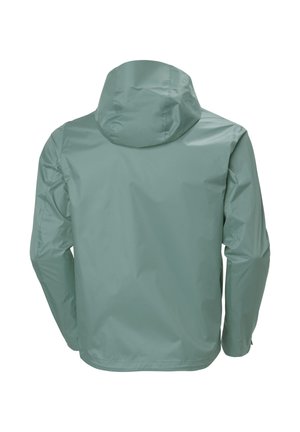 Světlá zelená nepromokavá bunda s připojenou kapucí, zobrazená zezadu s dlouhými rukávy a hladkou texturou materiálu.