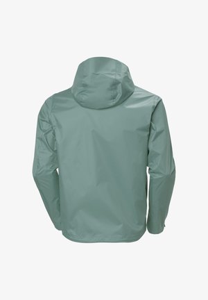 Chaqueta impermeable de color verde claro con capucha incorporada, mostrada desde atrás con mangas largas y textura de tela suave.