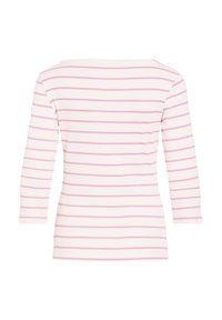 Λευκό πουκάμισο με μακριά μανίκια και οριζόντιες ρόζ ρίγες, εμφανίζεται από πίσω, με ίσια ραφή στο τελείωμα και λαιμόκοψη τύπου σκάφος.