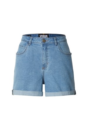 Pantalones cortos de mezclilla azul claro con dobladillos enrollados, cierre delantero con botones y cremallera, trabillas para cinturón y bolsillos delanteros, etiquetados como Urban Classics.