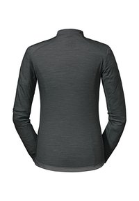 Dunkelgraues Langarmshirt mit Stehkragen. Der Stoff hat eine strukturierte Oberfläche, eine taillierte Passform und Nähte entlang der Schultern und Ärmel.