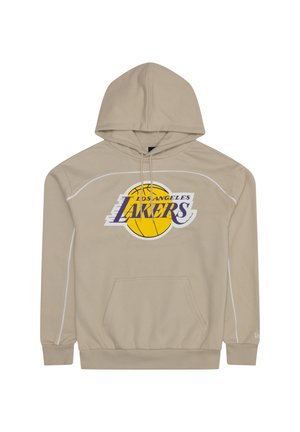 Bež hoodie s логото Los Angeles Lakers, ki vsebuje rumeno košarko in vijolično besedilo, z rebrastimi manšetami, sprednjim žepom in kapuco s vrvico.