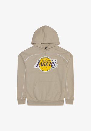 Beige kapucnis pulóver Los Angeles Lakers logóval, sárga kosárlabdával és lila szöveggel, bordás mandzsetták, elülső zseb és húzózsinór a kapucnin.