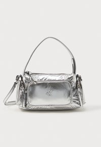 Metallic silver handbag with a rectangular shape, top zipper, and front pocket. Features a short handle and adjustable strap. Textured finish.