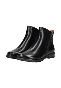 Bottines en cuir noir avec une finition lisse, fermeture éclair sur le côté et semelle en caoutchouc. Comprend des coutures minimales et un bout arrondi.