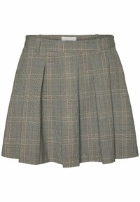 Grijze geruite rok met plooien, gemaakt van een gestructureerde stof en met een hoge tailleband. Bevat fijne lijnen in beige en donkerdere tinten.