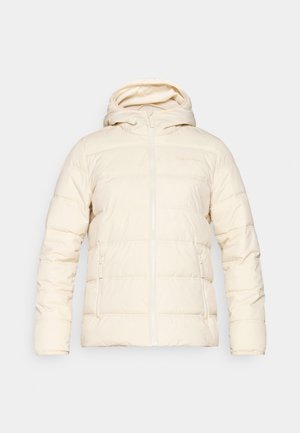 Puffer jacket in cream color with a hood, featuring horizontal quilted pattern, front zipper, and two side zippered pockets.
