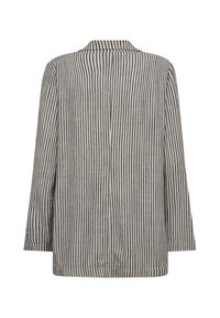 Randig bakvy av en lätt skjortjacka i grått och svart, med långa ärmar och en slagkrage, med en avslappnad passform.