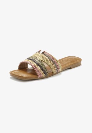 Flat slide sandal featuring woven multicolored straps in pink, green, and brown. Soft tan footbed and rubber sole for comfort.