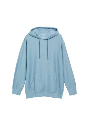 Hellblauer Kapuzenpullover mit langen Ärmeln, Fronttasche und verstellbarer Kordelzugkapuze vor weißem Hintergrund.