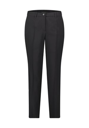 Pantalons noirs ajustés en tissu lisse, avec une fermeture à bouton, des poches latérales et des plis sur le devant.